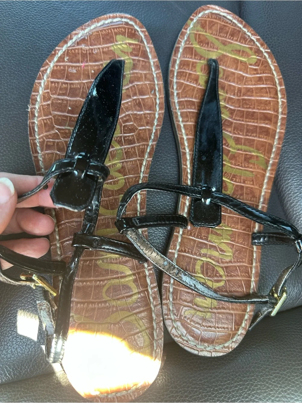 Sam Edelman Gigi Black Patent T-Strap Thong Sandals